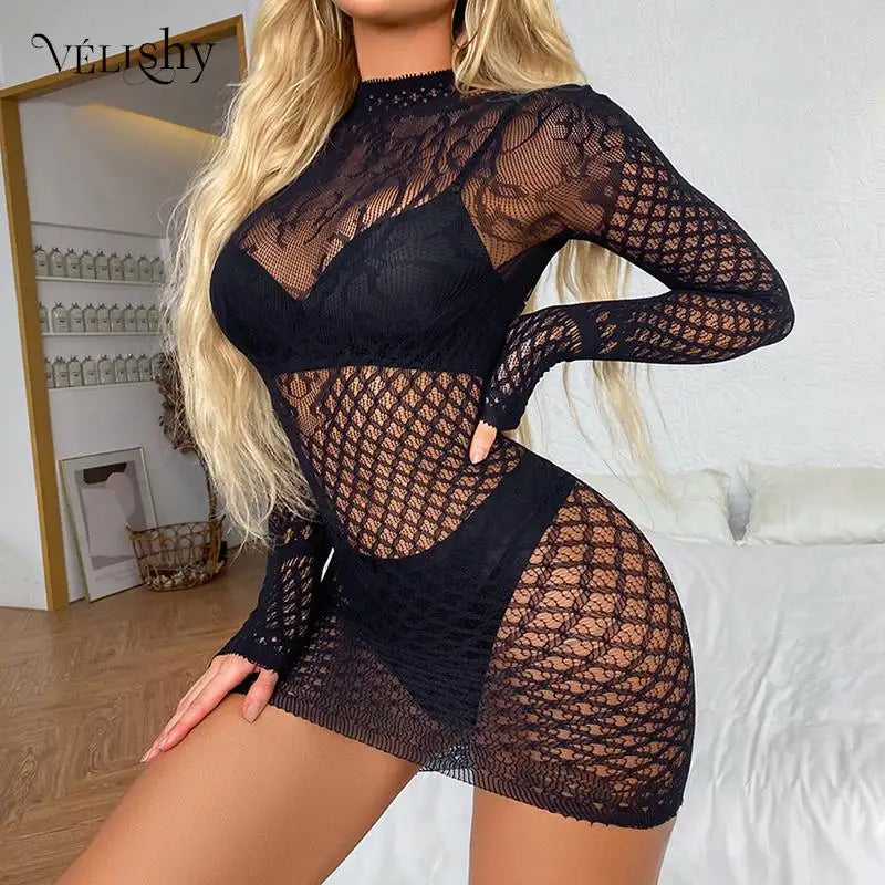 Women Sexy Mesh Hollow Out Mini Dress Underwear Female See Through Short Dresses Ladies Solid Sleepwear Erotic Lingerie