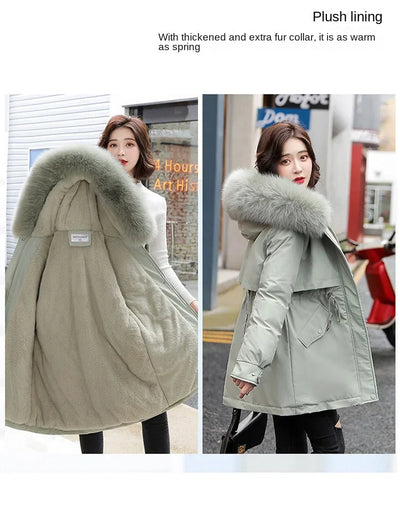 Women Parka Fashion Long Coat Wool Liner Hooded Parkas 2024 New Winter Jacket Slim with Fur Collar Warm Snow Wear Padded Clothes