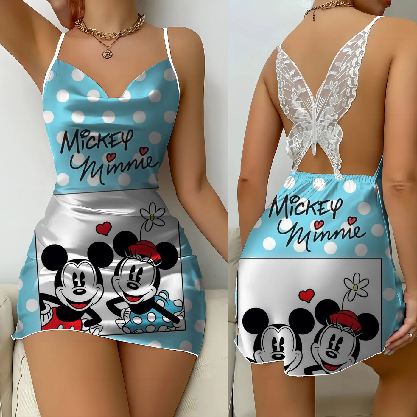 Minnie Mouse Bow Knot Party Dresses Disney Mickey Satin Surface Backless Dress Pajama Skirt Womens Fashion Summer 2024 Mini Sex