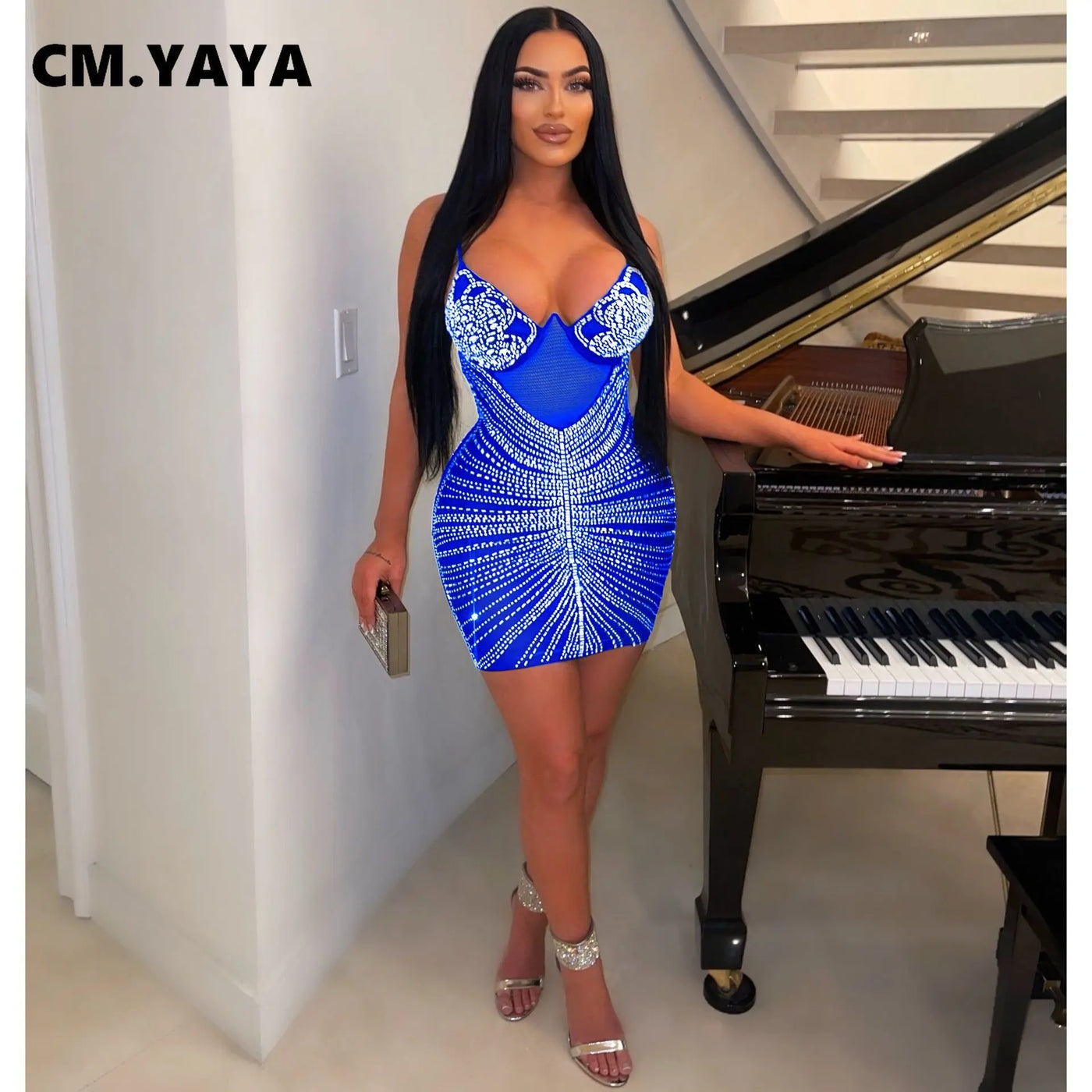 CM.YAYA Women Rhinestones Hot Drilling Mesh See Though Patchwork Midi Mini Dress Crystal Party Dresses Night Out Robes Vestidos