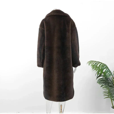 Women Chic Deep Brown Lapel Plush Faux Fur Loose Long Coats Fashion Full Sleeves Warm Jacket Autumn Winter Female New Streetwear