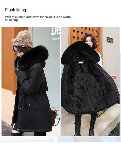 Women Parka Fashion Long Coat Wool Liner Hooded Parkas 2024 New Winter Jacket Slim with Fur Collar Warm Snow Wear Padded Clothes