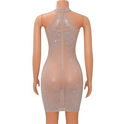 Sexy Mesh Rhinestone Short Prom Evening Mini Dress See Through Outfits Luxury For Women Night Club Party Diamond Bodycon Dresses