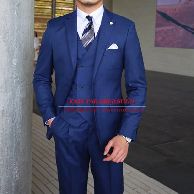 England Style Suit Men For Wedding Regular Single Breasted Blazer Royal Blue Groom Party Tuxedo 3 Pieces Business Office Wear