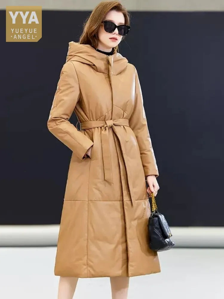 Wintet Women Hooded Genuine Leather Down Coat Thicken Warm Outerwear Slim Zipper High Street Office Ladies Sheepskin Long Jacket