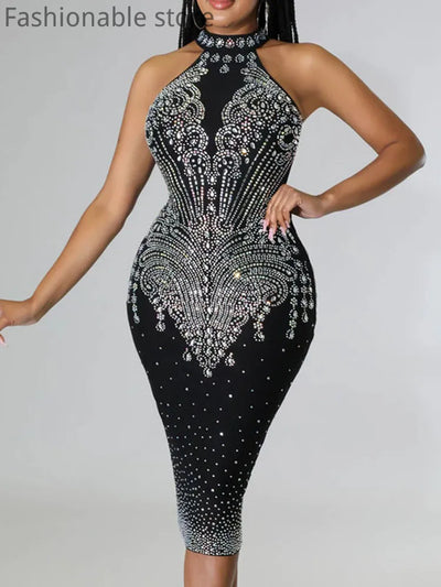 Women Sexy Halter Sleeveless Rhinestone Decor Bodycon Dress Back Zipper Slim Night Club Dresses Vestido