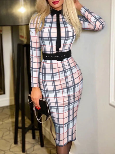 Fashionable Women's Printed Tight A-line Skirt Sexy Suit Collar Dress Wrapped Buttocks For Women With Belt