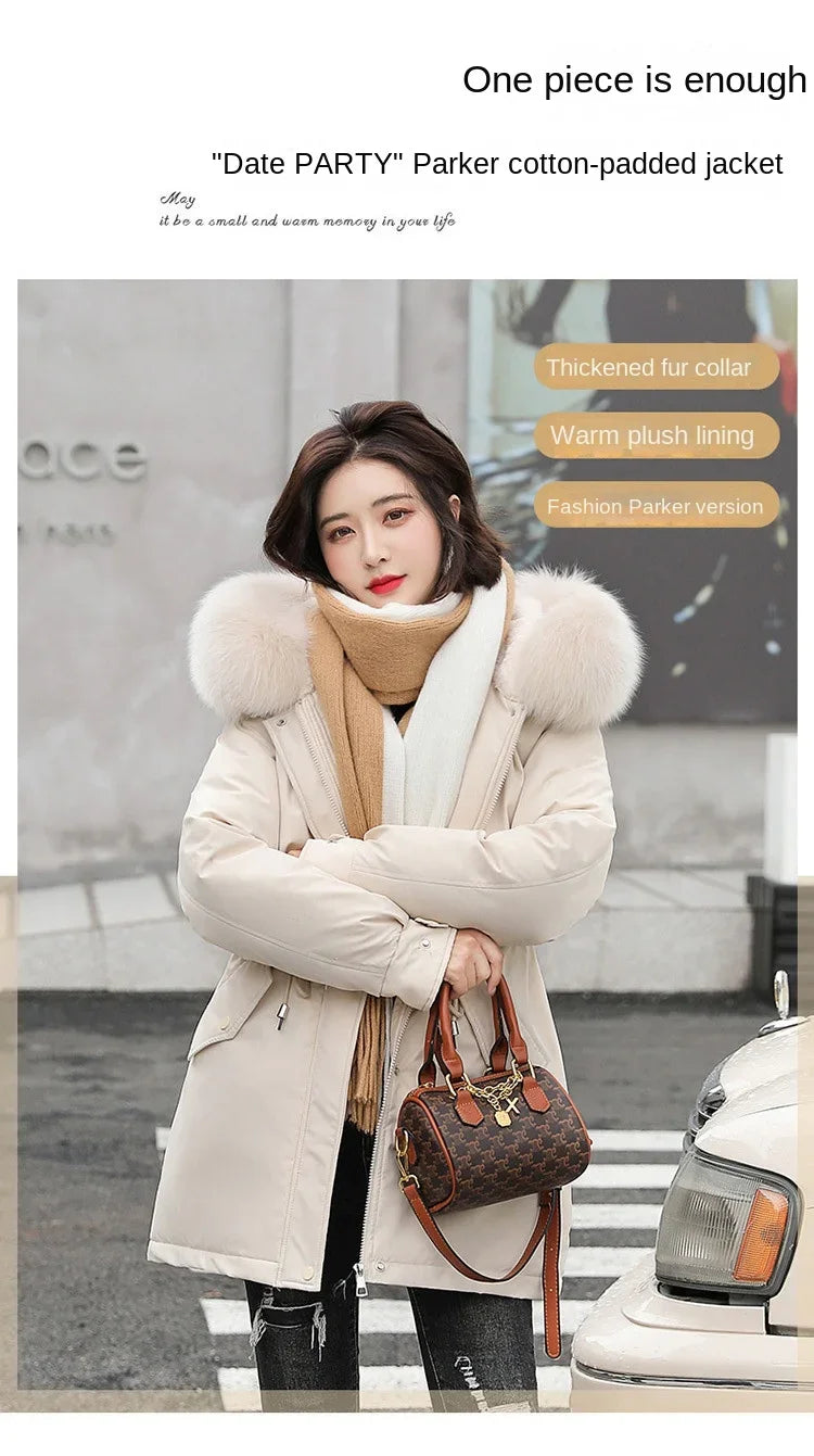 Women Parka Fashion Long Coat Wool Liner Hooded Parkas 2024 New Winter Jacket Slim with Fur Collar Warm Snow Wear Padded Clothes