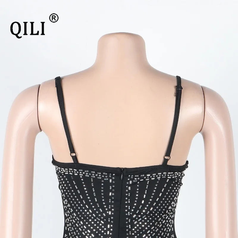 QILI-Women's Sleeveless Mini Dress, Spaghetti Strap, Diamonds, Rhinestone, Club, Party