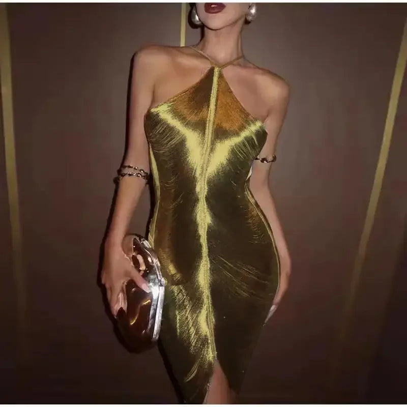 Shiny Metallic Halter Slim Mini Dress For Women Female Sleeveless Backless Bodycon Vestidos Ladies Party Club Evening Robes