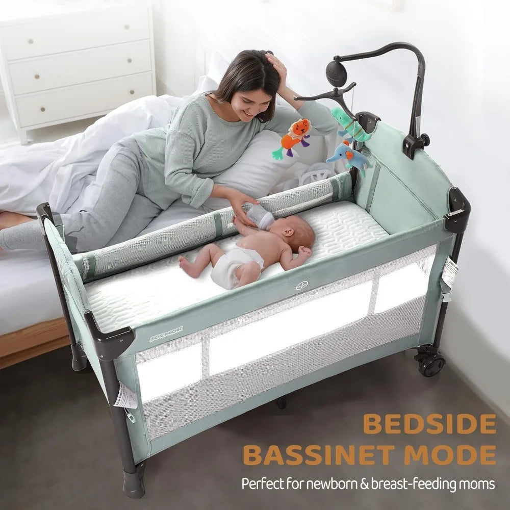 JOYMOR 3 in 1 Baby Bedside Sleeper, Bed Side with Mattress and Sheet, Convert to Bassinet, Playpen, Foldable Travel Bassinet Bed