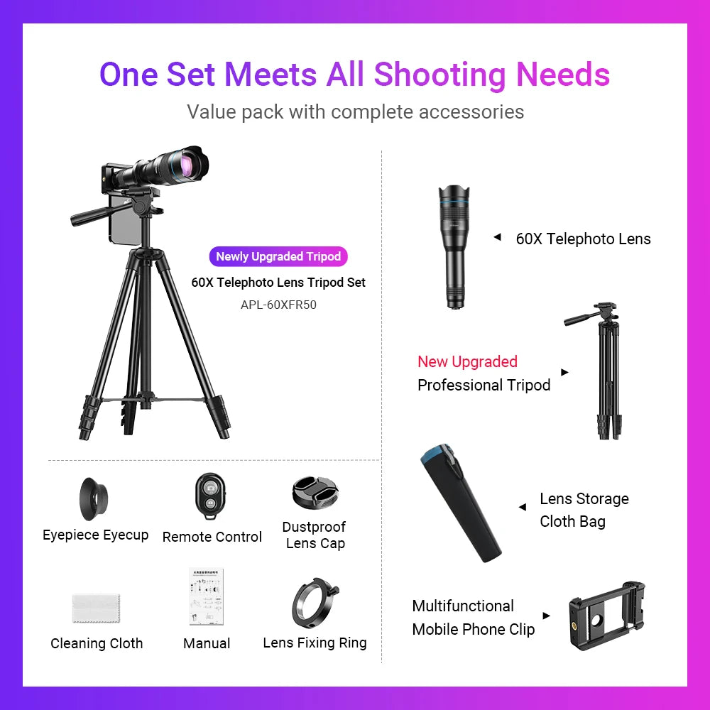 APEXEL 60X Mobile Phone Telescope Lens Astronomical Telephoto Zoom Lens With Extendable Tripod for iPhone Huawei All Smartphones