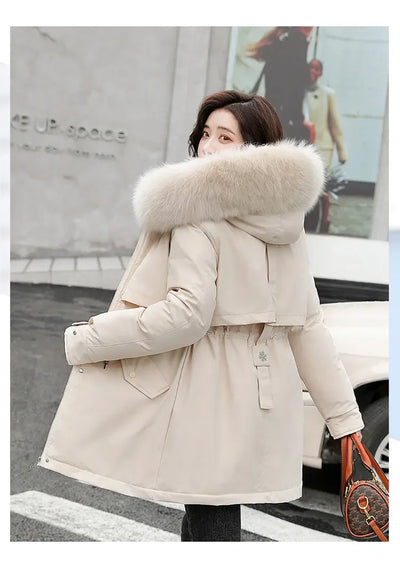 Women Parka Fashion Long Coat Wool Liner Hooded Parkas 2024 New Winter Jacket Slim with Fur Collar Warm Snow Wear Padded Clothes