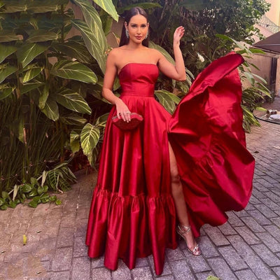 High Split Celebrity Dress Red Stain Prom Dress Strapless A-Line Evening Dress for Women vestidos de fiesta robes bal de promo