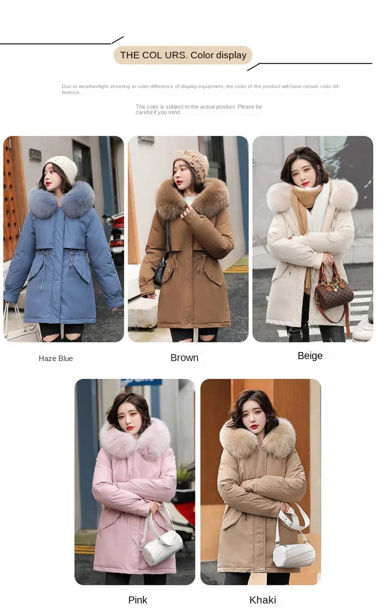 Women Parka Fashion Long Coat Wool Liner Hooded Parkas 2024 New Winter Jacket Slim with Fur Collar Warm Snow Wear Padded Clothes