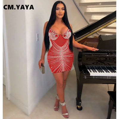 CM.YAYA Women Rhinestones Hot Drilling Mesh See Though Patchwork Midi Mini Dress Crystal Party Dresses Night Out Robes Vestidos