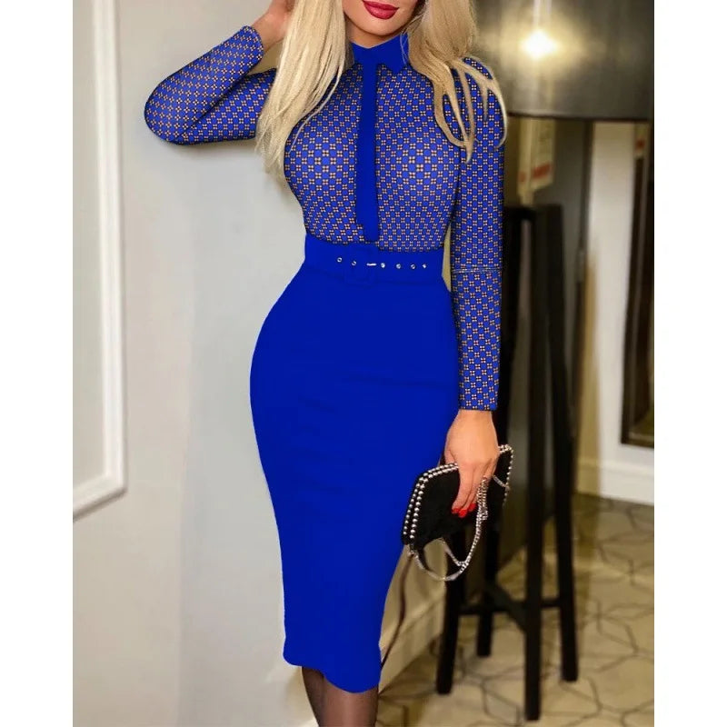 Fashionable Women's Printed Tight A-line Skirt Sexy Suit Collar Dress Wrapped Buttocks For Women With Belt