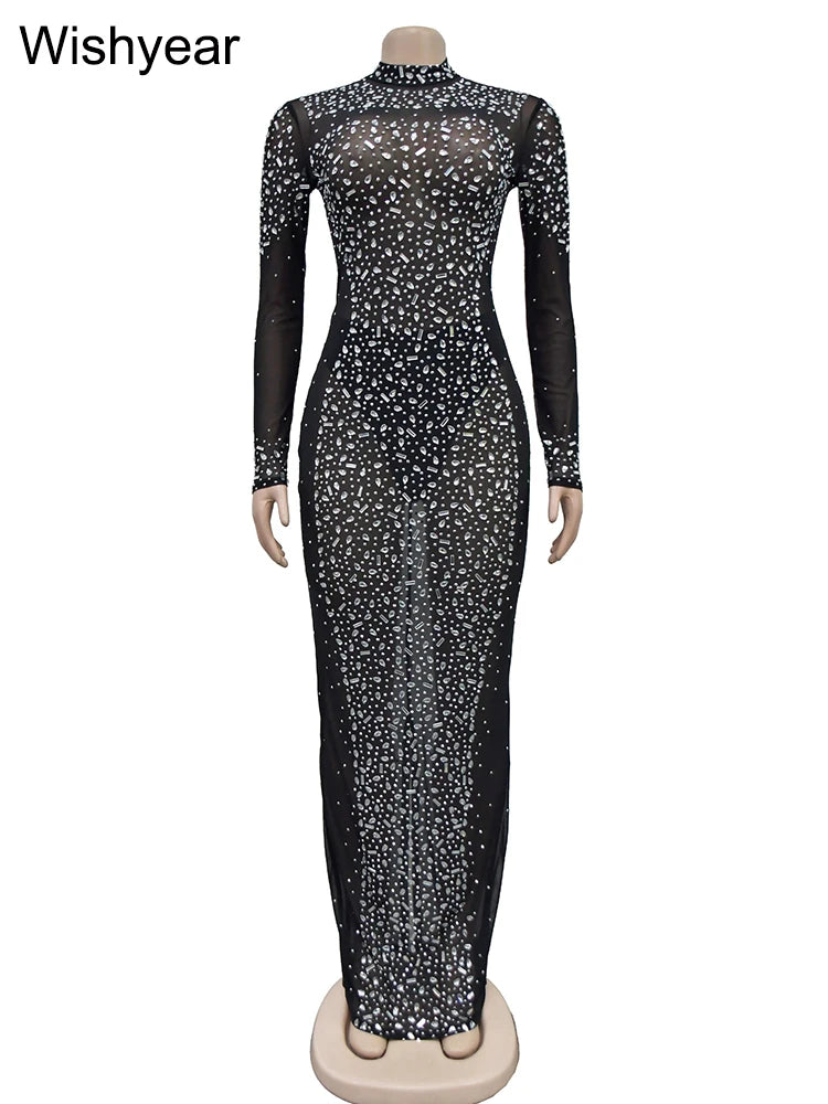 Wishyear Luxury Evening Sparkly Rhinestone Diamonds Mesh Maxi Dress Women‘s Elegant Guest Birthday Sexy Night Party Club Vestido