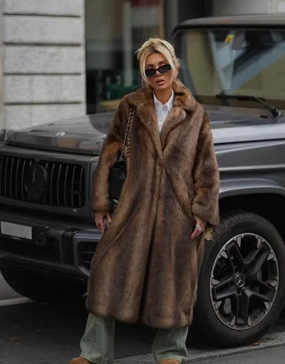 Women Chic Deep Brown Lapel Plush Faux Fur Loose Long Coats Fashion Full Sleeves Warm Jacket Autumn Winter Female New Streetwear