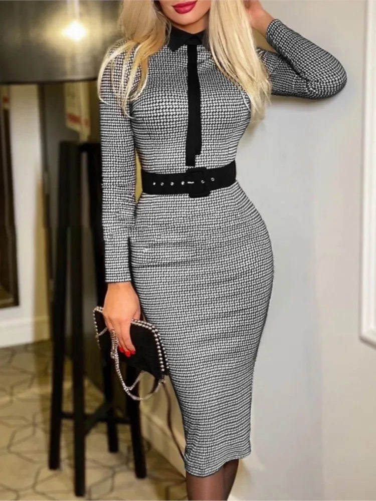 Fashionable Women's Printed Tight A-line Skirt Sexy Suit Collar Dress Wrapped Buttocks For Women With Belt