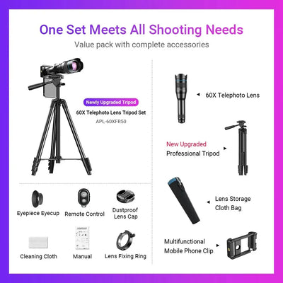 APEXEL 60X Mobile Phone Telescope Lens Astronomical Telephoto Zoom Lens With Extendable Tripod for iPhone Samsung All Smartphone