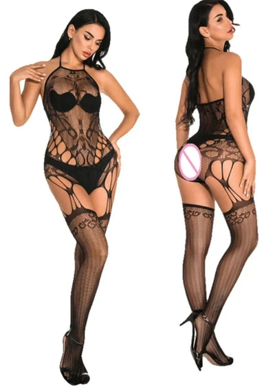 Women Red Fishnet Underwear Sexy Lingerie Striped Mesh Bodystocking Hollow Out Dress Bandage Bodysuits Sex Erotic Costumes