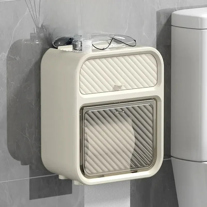 Wall-mounted Tissue Box Double Layer Toilet Organizer Paper Holder Waterproof Bathroom Toilet Rolls Storage Rack with Drawer