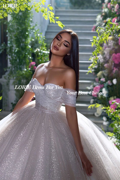 LORIE Glitter Tulle Wedding Dresses Off Shoulder Shiny Puffy Pleated Prom Bridal Gown Sparkly Ball Pageant Customized Bride Gown