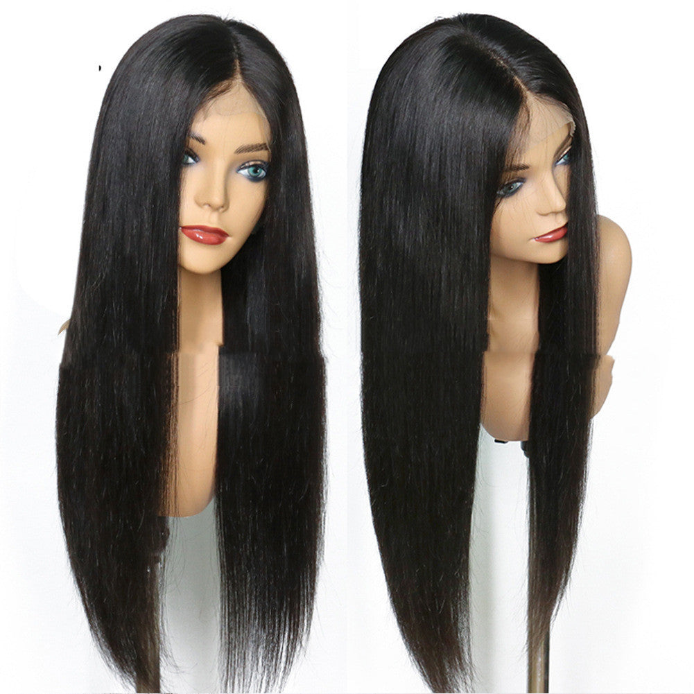 Ladies Mid-length Straight Hair Black Synthetic Front Lace Wig Headgear