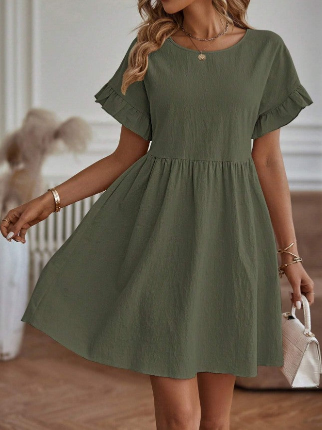 Women's Elegant Round Neck Loose Cotton And Linen Dress