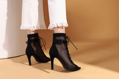 Stylish Peep Toe Hollow Mesh Cross Lace-up Buckle Dance High Heels