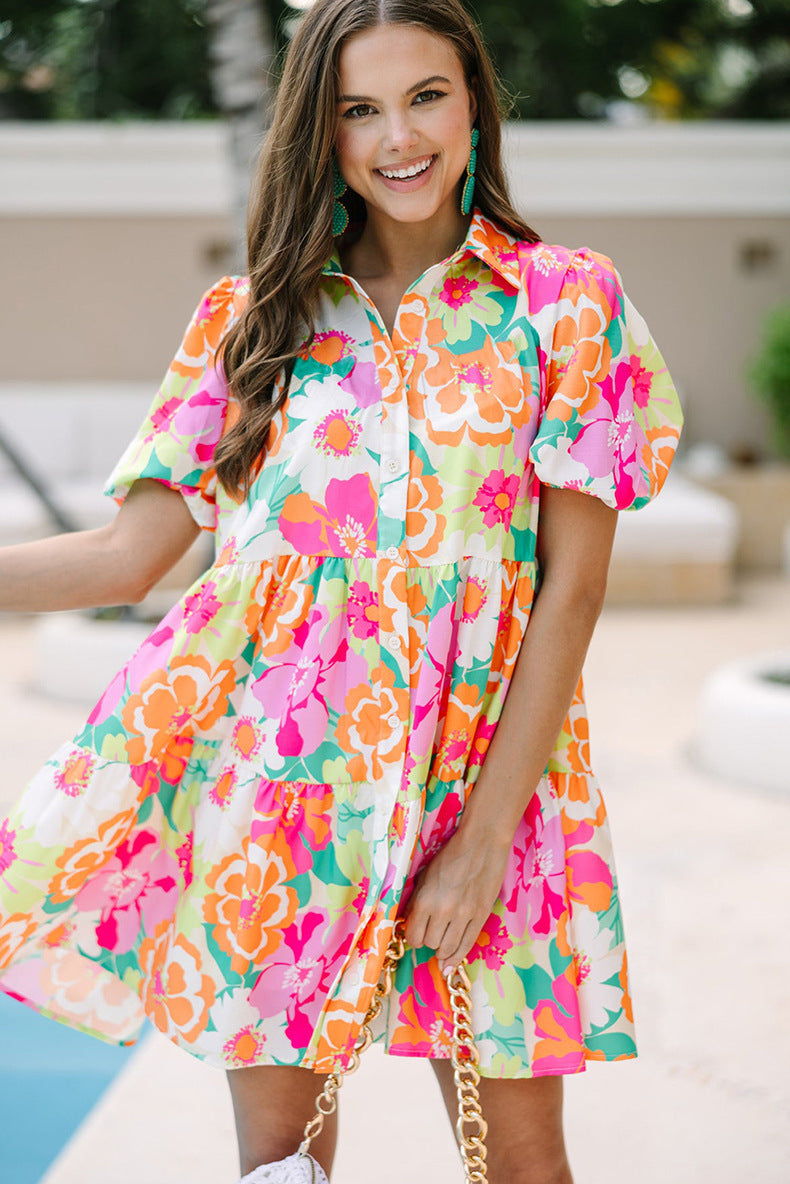 Summer Floral Print Puff Sleeve Dress