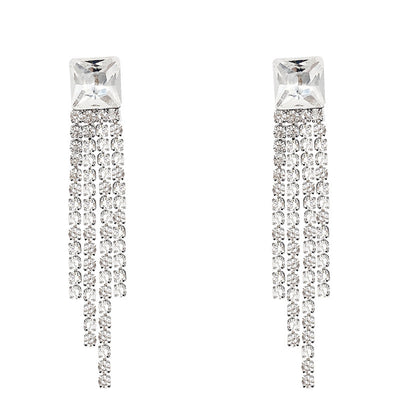 Sterling Silver Needle Sparkling Long Fringed Zircon Earrings