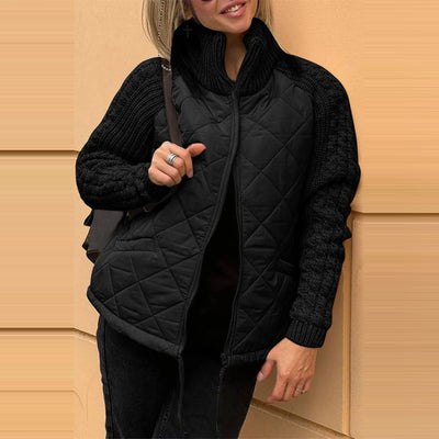 Stand Collar Cotton Jacket With Pockets Fashion Knitted Stitching Zipper Coat Winter Warm Tops For Women