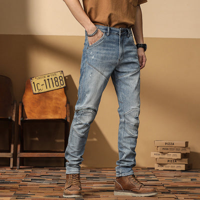 Motorcycle Jeans Korean Style Slim-fitting Ankle-tied High-end Men's Casual All-matching Stretch Pants