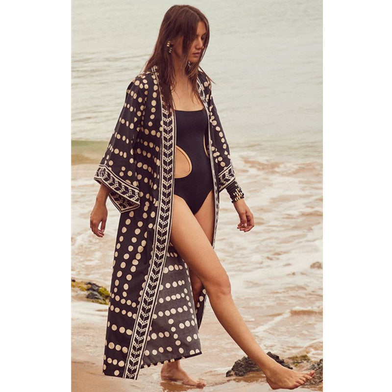 Beach Cardigan Long Sleeve Sun Protection Lace-up Printing Long Beach Wear Dress Leisure Fashion Loose Sexy Bikini Cover Up