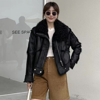 Women's Young Lamb Wool Short Stitching Coat