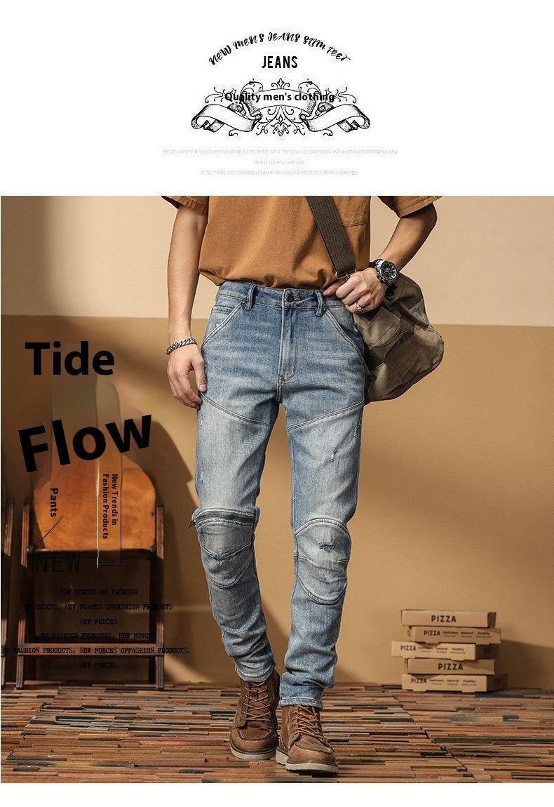 Motorcycle Jeans Korean Style Slim-fitting Ankle-tied High-end Men's Casual All-matching Stretch Pants