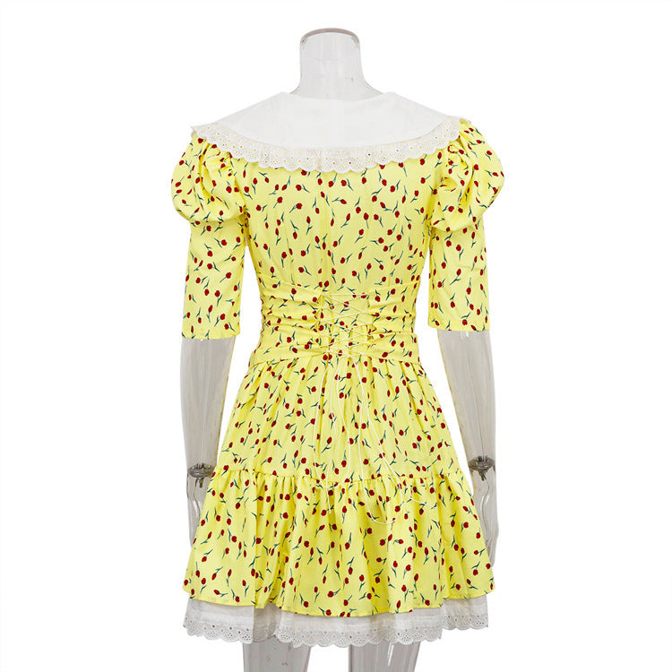 New Peter Pan Collar Short Sleeve Floral Dress Graceful And Fashionable Tight Waist Pettiskirt