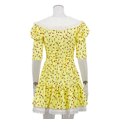 New Peter Pan Collar Short Sleeve Floral Dress Graceful And Fashionable Tight Waist Pettiskirt