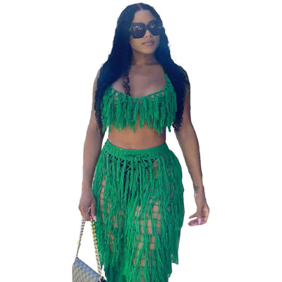 European And American Urban See-through Knitted Hand Crochet Tassel Beach Suit - HJG