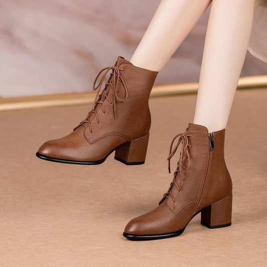 Retro British Style Thick Heel Soft Surface Pointed-toe Lace Mid-heel Boots