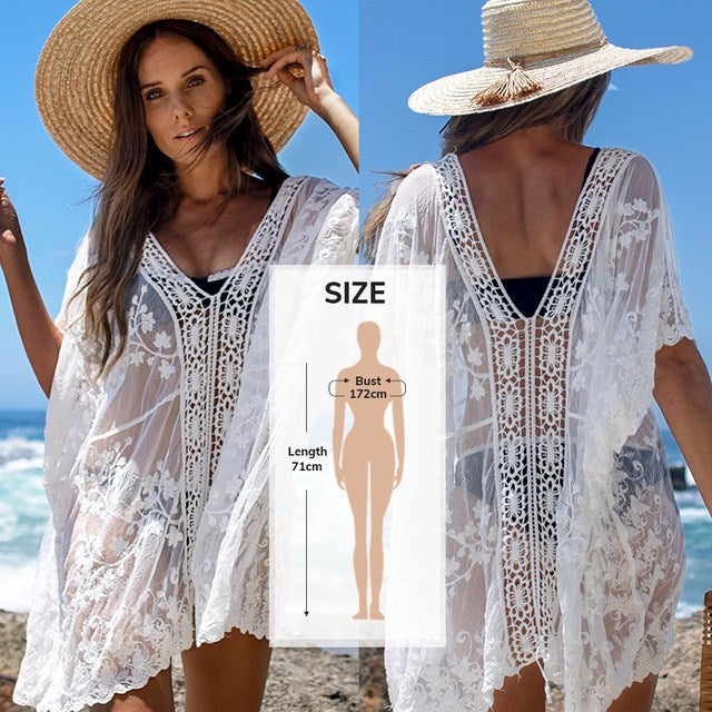 White Lace Crochet Bikini Cover Up Sexy V-neck Loose Chiffon