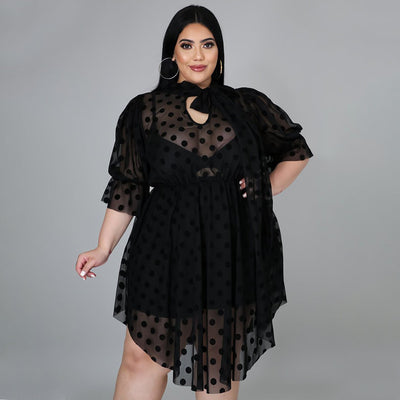 Plus Size Sexy Mesh Hollow See-through Irregular Swing Dress