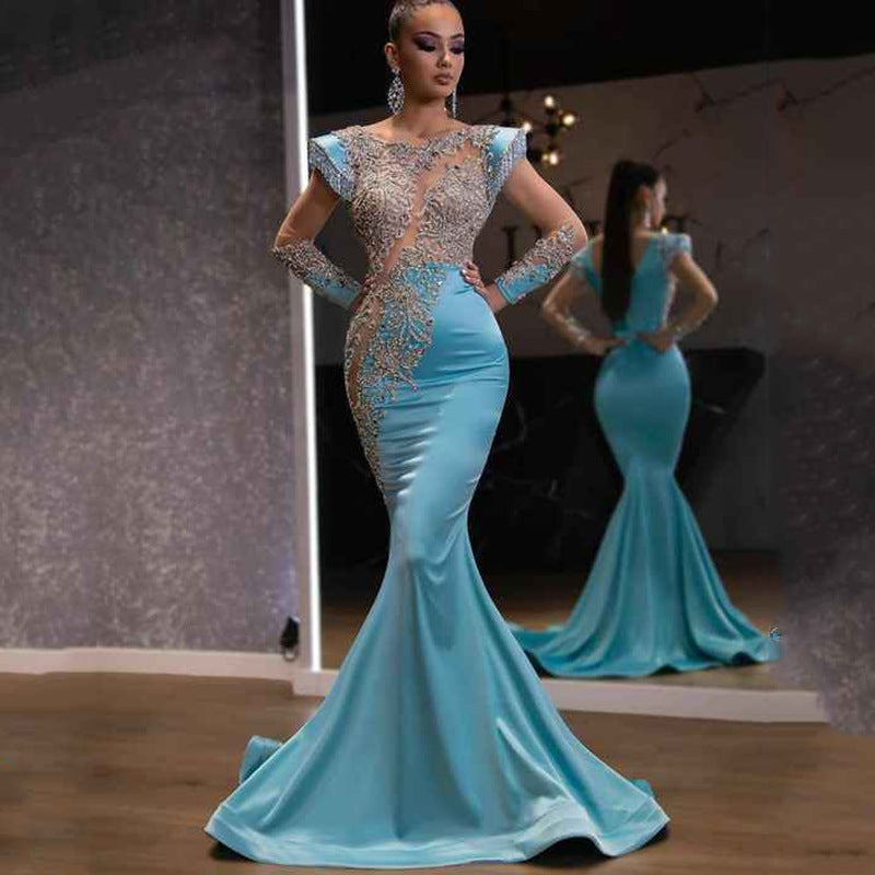 Light Blue Fishtail Dress New Feast President's Sarkin Series High Waist Slim Fashion Elegant Annual Meeting Evening Dress Women