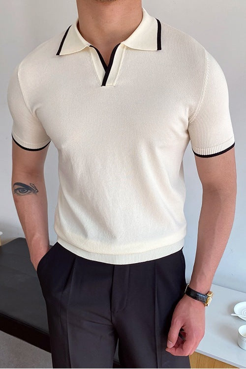 Men's Elbow-sleeved Top Fashion Polo Collar Casual T-shirt