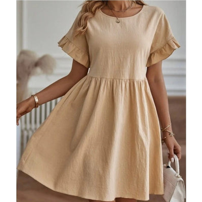 Women's Elegant Round Neck Loose Cotton And Linen Dress