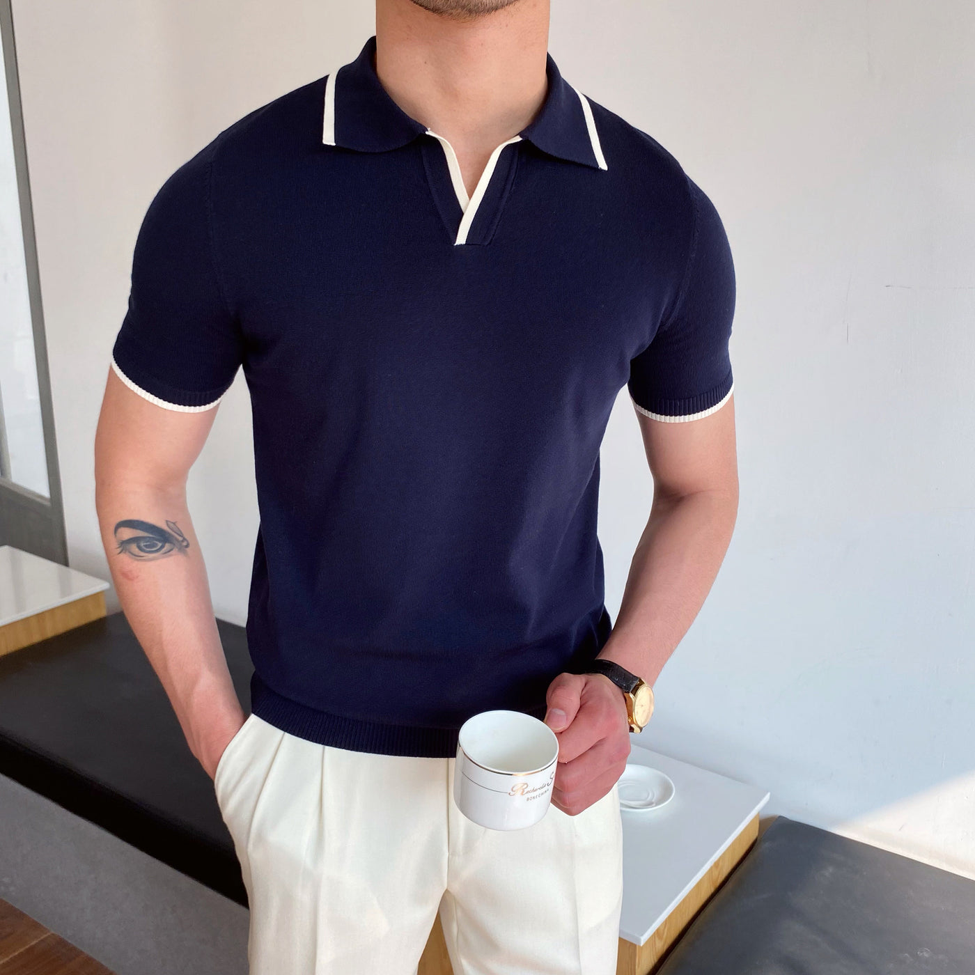 Men's Elbow-sleeved Top Fashion Polo Collar Casual T-shirt