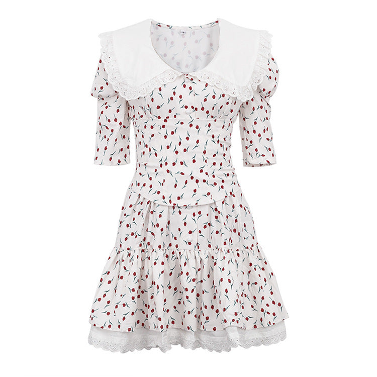 New Peter Pan Collar Short Sleeve Floral Dress Graceful And Fashionable Tight Waist Pettiskirt