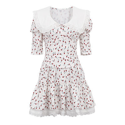 New Peter Pan Collar Short Sleeve Floral Dress Graceful And Fashionable Tight Waist Pettiskirt